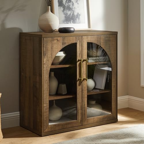 Glass Arched Door Sideboard Buffet Cabinet Set of 2, Rustic Oak | Modular, Multi-Compartment Storage, Adjustable Shelf, Soft Close Hinges, Freestanding, for Dining Room, Living Room - color: Rusti Brown