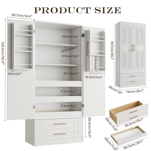 Gyfimoie 66" Kitchen Pantry Cabinet with 3 Pull Out Shelves & Deep Drawers, Tall Storage Cabinet with 6 Door Shelves & Adjustable Shelf, Freestanding Cupboard for Dining Room, Living Room, White - color: White