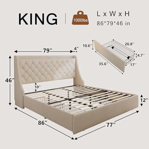 Einhomn Upholstered King Size Bed Frame with 4 Storage Drawers, Modern Platform Bed with Wingback Headboard, Charging Station, No Box Spring Needed, Beige - color: Beige, size: King