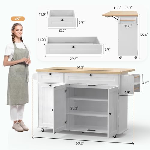60" Kitchen Island with Power Outlet & Drop Leaf, Rolling Island with Spice Rack & Towel Rack, Kitchen Island Cart with Trash Storage Cabinet, Island Table for Kitchen, White - color: White