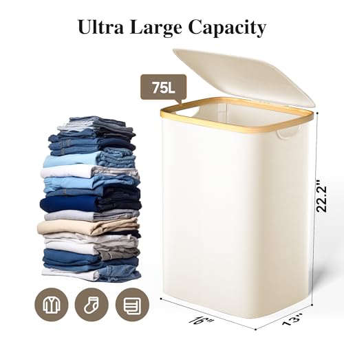 Foluck Large Laundry Hamper, 75L Waterproof Laundry Basket with Lid and Removable Bag, Collapsible Tall Clothes Hamper with Bamboo Handles for Clothes Toys in Dorm Bedroom Bathroom, Beige, ZYL201-W - color: Beige, size: 75L