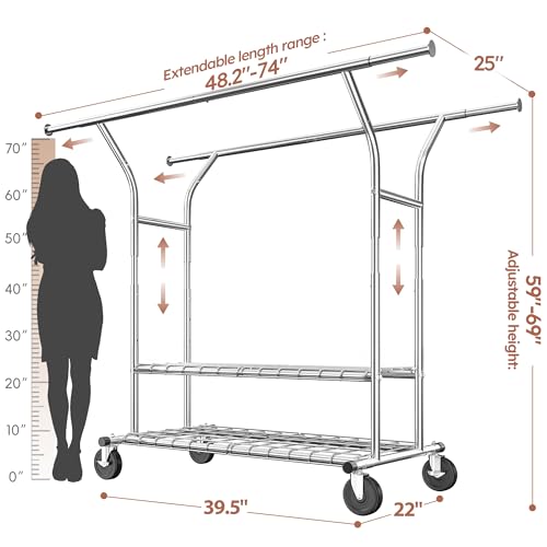 Raybee Heavy Duty Clothes Rack 630 LBS Capacity Double Rods Shelves Storage | 360°Lockable Wheels, Snap-on Design, Tool-free Assembly, Extendable Rods, Adjustable Height, Bedroom Wardrobe Closet Organize - color: Chrome