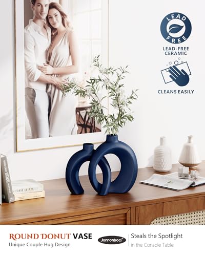 Blue Vase Set of 2 - Donut Navy Vases Home Decor, Modern Coastal Decor - Decorative Vase, Ceramic Decorations for Living Room Coffee Table Bookshelf Shelf Console Mantle (Matte Navy Blue) - color: Matte Navy Blue