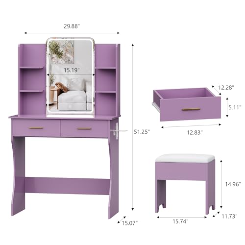 Small Vanity Desk with Mirror and Lights, Makeup Vanity with LED Lights, Purple Vanity Mirror with Lighted Desk and Chair, 3 Lighting Adjustable Compact Dressing Table with Mirror for Women, Girls - color: Purple, size: 29.88x15.09x51.30 in