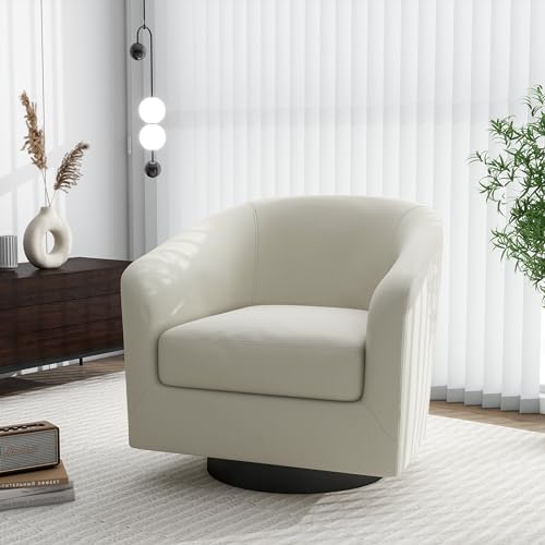Swivel Barrel Accent Chair, Comfy Reading Armchair, Beige, Set of 2 | Club Chairs for Adults, Low-Back Design, Modern Round Style, Solid Wood Frame & Metal Swivel Base, For Living Room & Bedroom - color: Beige