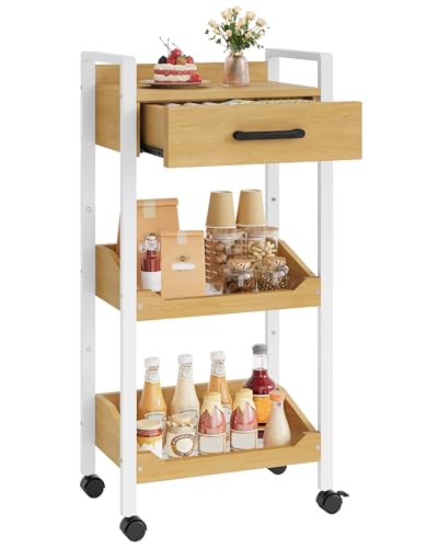 Hoctieon 3-Tier Rolling Storage Cart with Drawer, Rolling Utility Cart Organizer, Mobile Shelving Unit with Wheels, Metal Frame, Kitchen Utility Cart for Small Space, Office, Bathroom, Oak Beige - color: Oak Beige