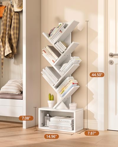 Evermagin 6 Tier Tree Bookshelf with Lights, LED Book Tree Bookcase | White with Storage Organizer, Small Corner Bookshelf Floor Standing Book Shelf for Living Room, Bedroom & Home Office - color: White