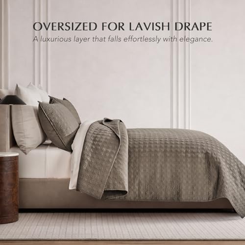 EVERGRACEHOME Cotton Sateen Windowpane Quilt Set King Size, Mocha Brown | 100% Cotton, Pre-Washed Soft Coverlet Bedspread, 3-Piece Lightweight Bedding Set for All Season, with 2 Pillow Shams - color: Mocha Brown - Windowpane, size: King (110" X 92")