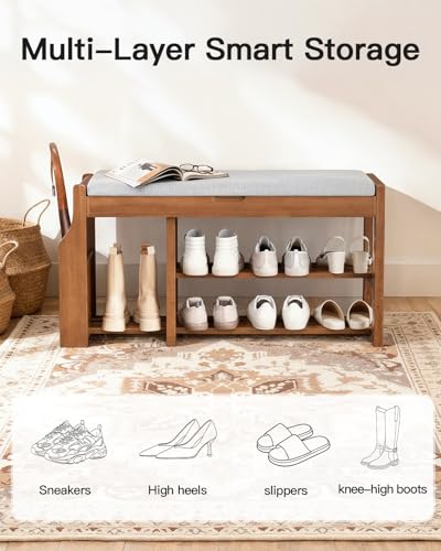 Pipishell 34" Pine Wood Shoe Bench Entryway with Soft Cushion and Storage | Lift-top storage, side holder, 440 lbs weight capacity, sturdy and durable, EPA & CARB-certified, holds 7 pairs, for entryway - size: 33.6 Inch