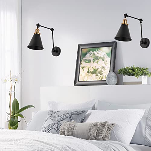 JONATHAN Y Rover 1-Light Wall Sconce 7", Black/Brass Gold, Set of 2 | Adjustable Arm, Hardwired Bedside Reading Swing Arm, Farmhouse Cone Shade, Metal Hardwired Indoor Fixture, LED Bulbs Included - color: Black/Brass Gold, size: Set of 2