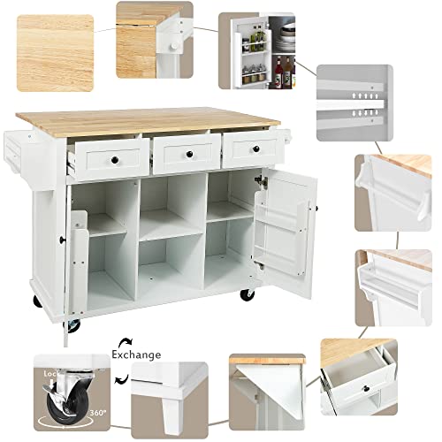 53'' Rolling Kitchen Island with Storage, Large Kitchen Cart On Wheels with Drop Leaf & Power Outlet & Drawers, Mobile Kitchen Table with 3 Drawers, for Dining Room (White) - color: White