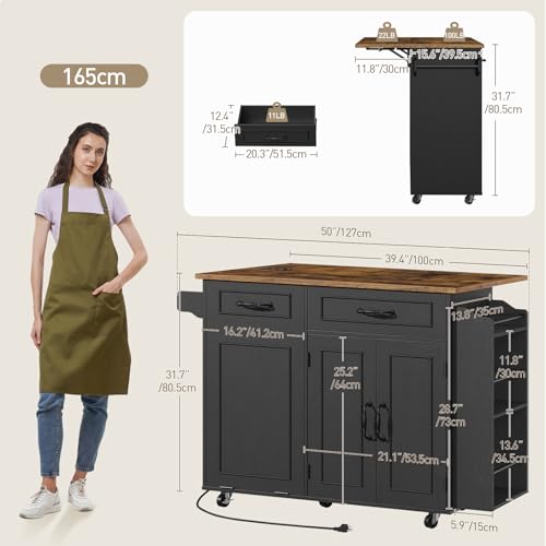 Kitchen Island with Power Outlet & Drop Leaf, Mobile Rolling Cart with Trash Can Storage, 3-Tier Spice Rack, Island Table for Kitchen, Dining Room, Black and Rustic Brown - color: Black + Rustic Brown