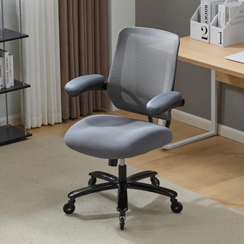 Kassipo Big and Tall Office Chair with Flip-Up Armrests, Grey | 500LBS Capacity, Spring-Reinforced Memory Foam Seat & Heavy-Duty Base - color: Grey