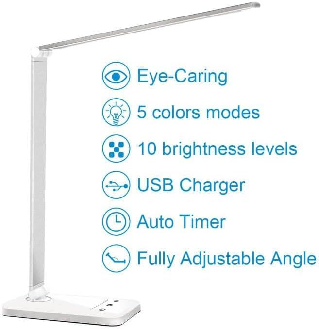 White crown LED Desk Lamp Dimmable Table Lamp Reading Lamp with USB Charging Port, 5 Lighting Modes, Sensitive Control, 30/60 Minutes Timer (White, First-Generation) - color: White, size: first-generation