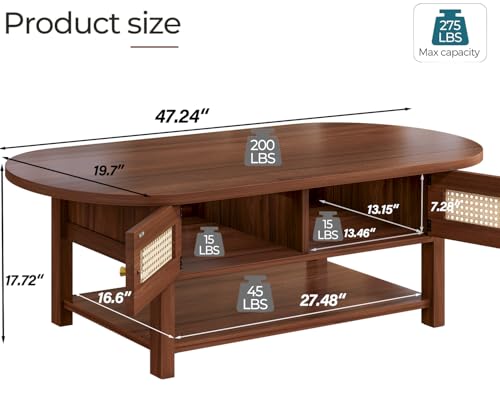 LVB Oval Coffee Table, 47" Rattan Boho Wood Living Room Table with Storage | Modern 2-Tier Cocktail Tea Table with Doors & Open Shelf, Farmhouse Vintage Center Tables for Bedroom Office, Walnut - color: Walnut