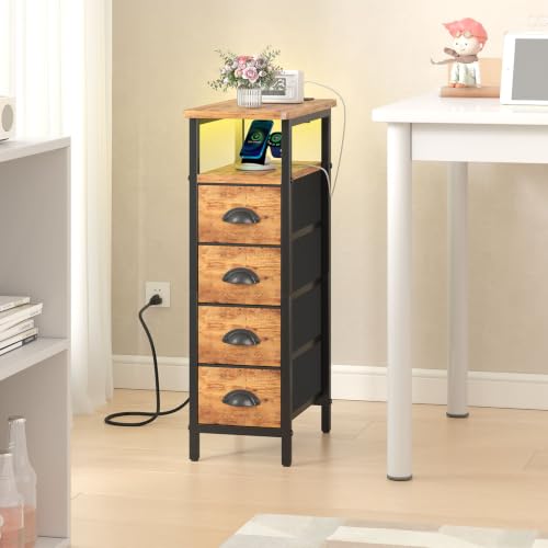 sthmec Nightstand Set 2 with Charging Station, Narrow End Table Set of 2 with 4 Drawers, LED Side Table with Fabric Drawers,Slim Sofa Couch Tables for Small Spaces,Living Room,Bedroom,Rustics Brown - color: Rustic Brown, style: Power & LED