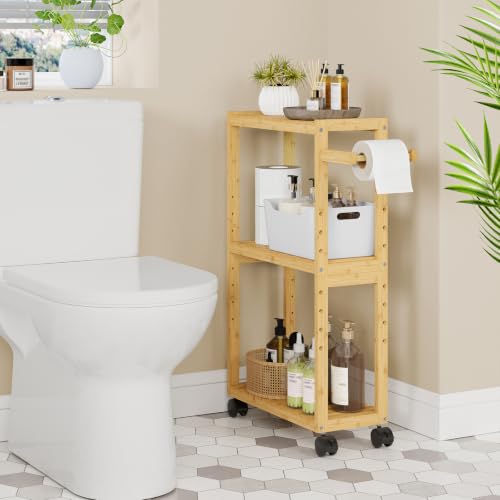 RRX Bamboo Rolling Cart, Slim 3-Tier Standing Shelf Units on Wheels (Beige) | Bamboo Shelves Utility, Storage Corner Shelf Cabinet for Narrow Space, Toilet Paper Organizer for Bathroom, Kitchen - color: Beige