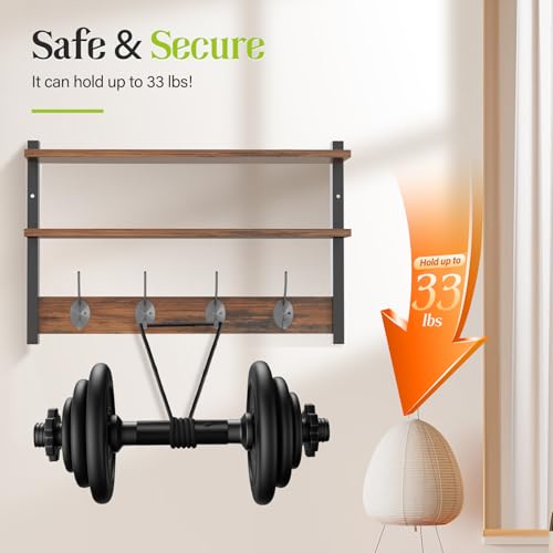 2 Tier Coat Rack Wall Mount with Shelf, 33" Wall Shelf with Hooks, Entryway Key Holder for Wall with 8 Heavy Duty Double Hooks, Coat Hook Wall Mounted for Bedroom, Living Room, Rustic Brown - color: Brown-2 Pack