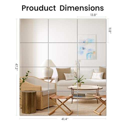 Full Length Wall Mirrors, Home Gym Mirror for Gym, 12Pcs 14"x 12" Glass Mirror Tiles, Self Adhesive HD Glass Full Body Wall Mirrors for Wall Decor, Bedroom, Living Room, Over The Door - size: 12Pcs- 14" × 12"
