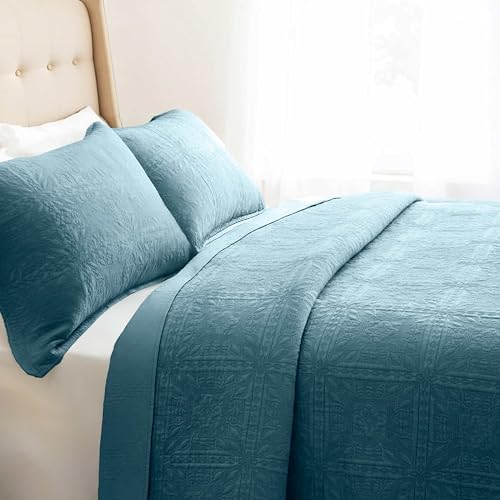 Clara Clark Quilts Twin Size - All Season Bedspread Coverlet Set, Pinsonic Weave Lightweight Bedding Set - 5 Piece Twin Quilt Set with Pillow Shams, Stone Blue - Twin Grid - color: 25 – Stone Blue – Grid, size: Twin