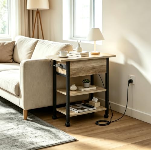 WLIVE 3-Tier End Table with Charging Station Flip Top Narrow Nightstand | 2 USB Ports+2 AC Outlets; Flip Top Hidden Storage; 2 Open Shelves; Small Space Living Room Bedroom; Sturdy Carbon Steel Frame - color: Greige
