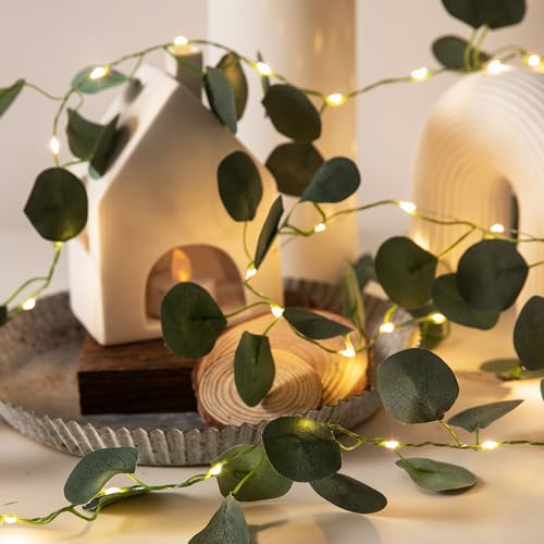 Vine with Fairy Lights, 2 Pack 40 LEDs Vine Lights Eucalyptus Battery Operated Indoor String Lights, Artifical Garland Leaf Fairy Light Wall Wedding Garden Dorm Bedroom Decor - color: Eucalyptus, size: 2pack-40LED