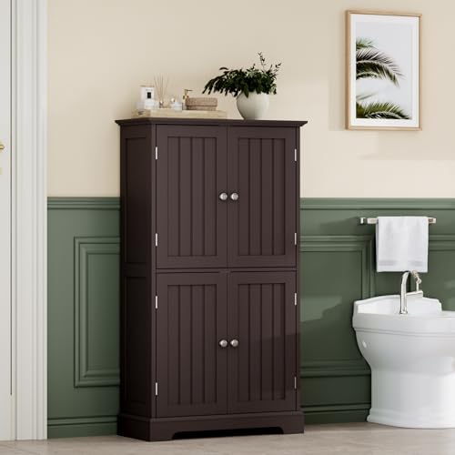 ChooChoo Bathroom Floor Cabinet with Adjustable Shelves | Bathroom Storage Cabinet, 4 Doors, Freestanding Cupboard for Living Room, Espresso - color: Espresso, size: 11.81"D x 23.62"W x 43.31"H