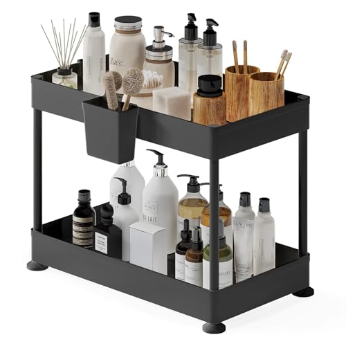 2-Tier Under Sink Organizer, Black, Plastic, Non-Slip Rubber Legs, Hanging Hooks, Drain Holes, Quick-Access Caddy - color: Black, size: Standard - 1 Pack