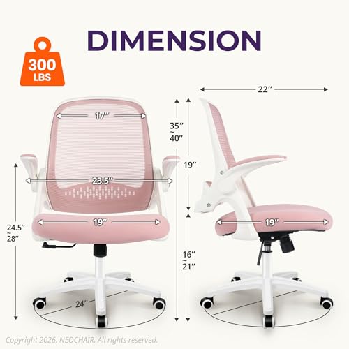 NEO CHAIR Office Desk Chair, Ergonomic Mesh with Flip-Up Armrests, Pink | Lumbar Support, Height Adjustment, 360° Swivel and Rolling Base, Space-Saving Design for Home Office, Vanity or Study - color: Pink