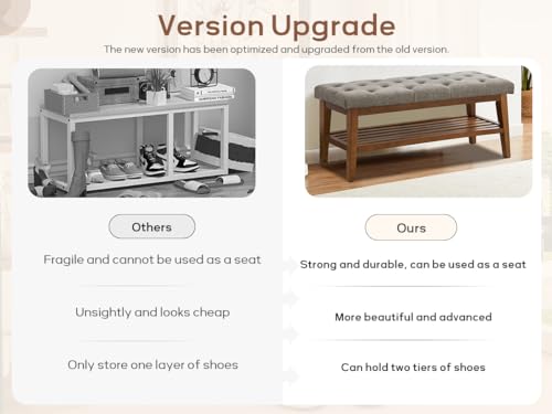 HUIMO Upholstered Entryway Shoe Bench, Button Tufted End of Bed Bench,Brown | with Solid Wood Slatted Shelf, Padded Ottoman Bench for Bedroom, Living Room, Entryway - color: Brown, style: French Country