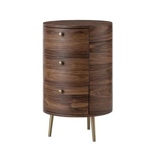 HULALA HOME Round End Table with 3 Storage Drawers, Mid Century Modern Sofa Side Table with Metal Legs, Farmhouse Wood Small Side Table for Living Room, Bedroom and Small Spaces, Walnut - color: Walnut