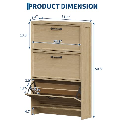 Garvee 3 Flip Drawers Shoe Cabinet with Adjustable Shelf & Anti-Tipping Kit | 3 Flip Drawers with Adjustable Shelf, Bottom Shelf for Shoes, Embossed Black, Hallway/Entryway Shoe Cabinet - color: Light Wood, size: 3 Drawers