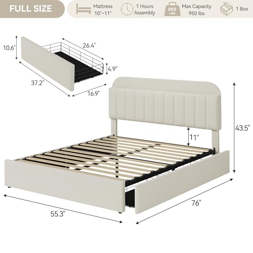 GarveeHome Full Bed Frame, Platform Bed with Storage Headboard & Drawers | Boucle Upholstered Bed Frame, Bookcase Headboard, No Box Spring Needed, Easy Assembly, Ivory White - color: Ivory White, size: Full