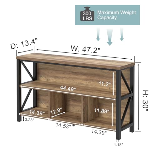 EXCEFUR Rustic Oak 47 Inch Horizontal Bookshelf, Industrial Metal & Wood Bookcase, 4 Cube Storage Organizer for Living Room Home Office, Low Wide Book Shelf for Display - color: Oak
