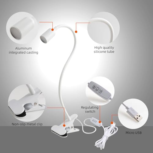 DAMI LED Reading Lights for Bed Headboard, Clip on Spotlight Lamp for Desk, Dorm Bed, Dimmable USB Clamp Book Light with Flexible Gooseneck, Change Color Temperature 3000/4000/6000K - color: White