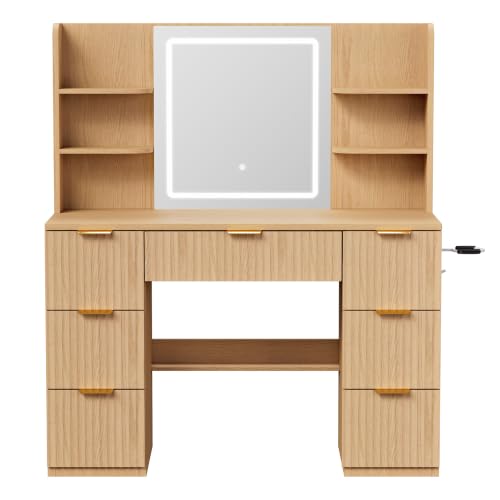 LIVELYGLOW 43" Large Natural Wood Makeup Vanity Desk with Charging Station | Fluted Design, Smart LED Mirror, Hairdryer Holder, 7 Drawers - color: Wooden/Fluted