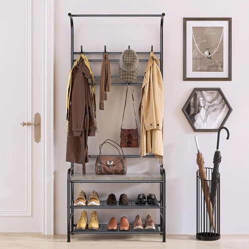 4-in-1 Hall Tree with Shoe Storage Bench, Entryway Coat Rack with 8 Hooks, Hanging Bar & Storage Shelves, Narrow Mudroom Organizer Bench for Entryway, Hallway, Living Room, Coat Rack Bench, Gray