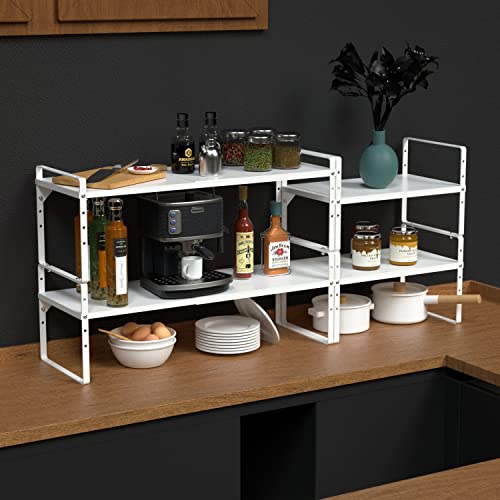Expandable Cabinet Shelf Organizer, Stackable Kitchen Pantry Counter Storage, Adjustable Closet Cupboard Stand Rack Risers Spice Organization 80LBS Heavy Duty White 2 Pack - color: White