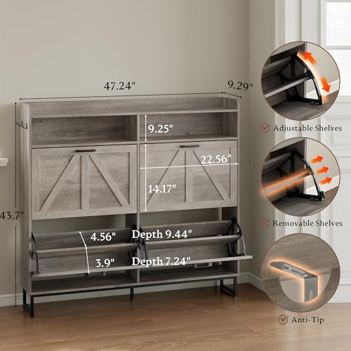 BORNOON Shoe Cabinet with 4 Flip Drawers Narrow Shoe Storage Cabinet Organizer Wooden Freestanding Shoe Rack Hidden Slim Shoes Storage Cabinet for Entryway, Hallway, Living Room, Bedroom - color: Grey, size: 4-Drawer