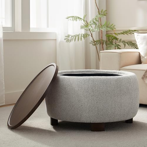 VKNOW 30" Round Storage Ottoman, Ottoman Coffee Table with Removable Wood Top and Solid Wood Legs for Living Room, Bedroom, Apartments (Beige) - color: Beige