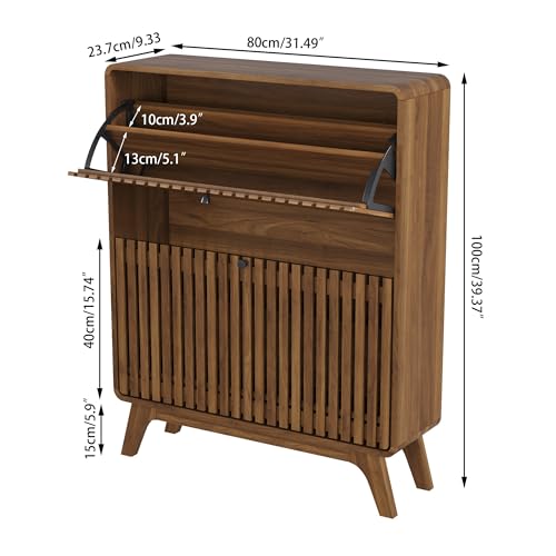 Jluomei Fluted Narrow Shoe Cabinet for Entryway, Slim Wood Shoe Storage Cabinet with Flip Drawers, Bamboo Thin Shoe Rack Organizer for Entry Way, Hallway, Hidden, Walnut - color: Walnut-31.5" Wide