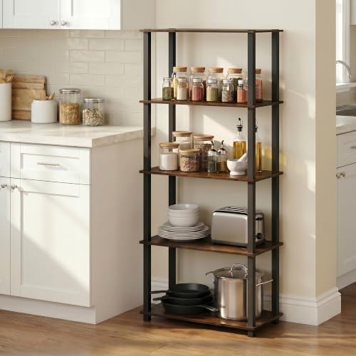 Furinno Turn-S-Tube 5-Tier Multipurpose Shelf Display Rack with Square Tubes, Amber Pine/Black | Tool-Free Storage Shelves with Square Tubes, Shelving Unit, for Organization and Storage, for Living Room, Home Office - color: Amber Pine/Black, size: 5-Tier