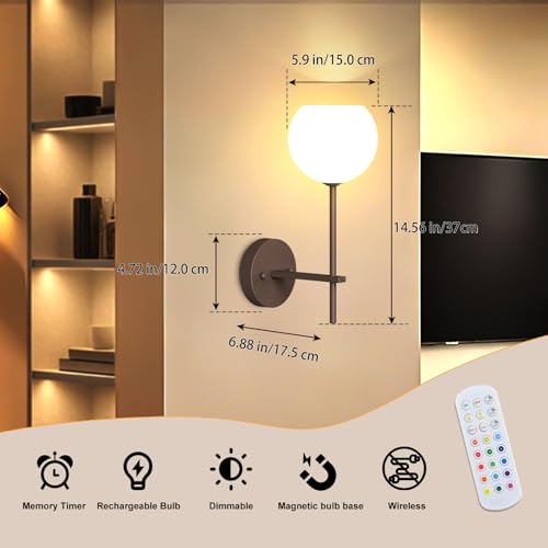 Brown Battery Operated Wall Sconces Set of 2, Rechargeable Wireless Wall Lights with Milky White Frosted Glass, 12 RGB and 3CCT Dimmable Wall Lamps with Remote for Bedroom Living Room Hallway - color: Brown