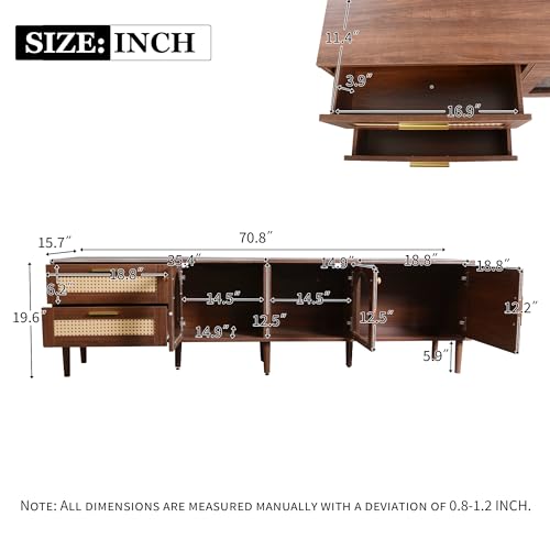 Rattan TV Stand 71 in for TVs up to 80 inch, Dark Brown Media Console with LED Lights and Storage Cabinets for Living Room, Wood Entertainment Center with Rattan Drawers and Cable Management - color: Dark Brown-o