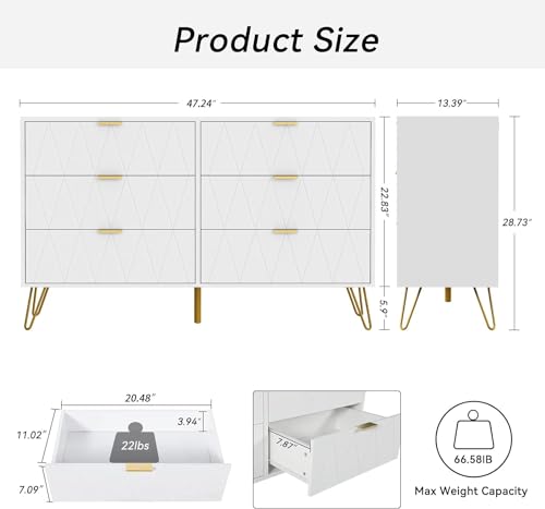 Anbuy White 6 Drawer Dresser for Bedroom Large, Double Dresser with Wide Drawers and Gold Handles, Chest of Drawers - color: White, size: 13.4"D x 47.54"W x 28.73"H(6 Drawers)