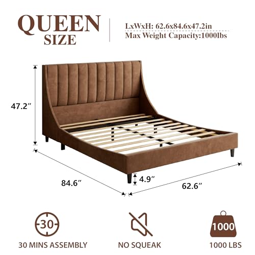 Queen Bed Frame with Headboard Velvet Platform Bed Channel Wingback | Brown Queen Size Upholstered Platform Bed Wood Slats, No Box Spring Needed, Noise Free, Easy Assembly, Mattress Foundation - color: Brown, size: Queen
