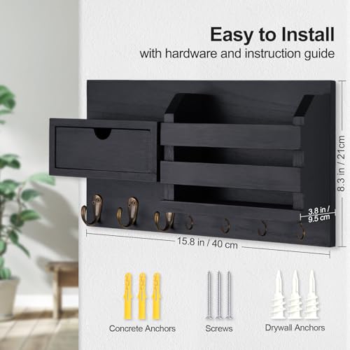 Lwenki Wall Mount Key Holder with Mail Organizer, 100% Paulownia Wood, 7 Metal Hooks, Storage Drawer, Entryway Home Decor (Black) - color: Black