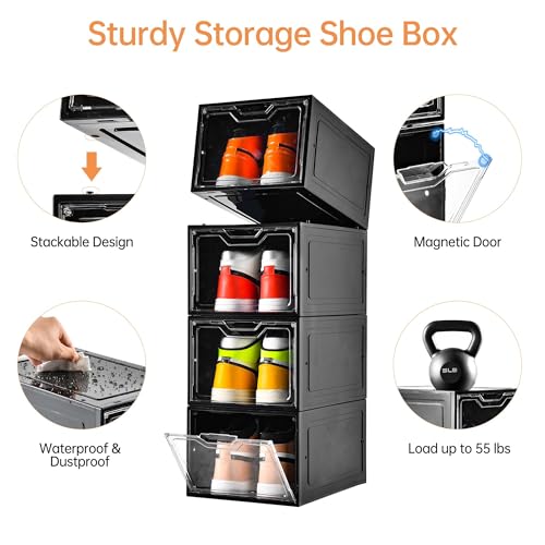 Stebopum 12 Pack Shoe Boxes Organizer, Magnetic Door Shoe Storage Boxes, Clear Sneaker Storage Box for Women/Men, Fit up to US Size 12 - color: Black, size: 12 Count Fit Size 12