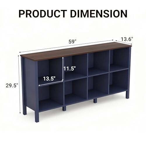 8-Cube Bookcase, Farmhouse Wooden Bookshelf Low Storage Organizer, 59" Horizontal Navy Blue Console with Legs, Hallway Book Case for Entryway, Display Cabinet for Living Room (Navy Blue, 8-Cube) - color: Navy Blue, size: 8-Cube