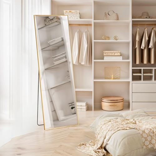 Mirror Full Length, 16"x59" Body Wall Mirrors with Shatter-Proof Glass, Floor Standing, Hanging or Leaning, Tall Mirror with Stand Aluminum Alloy Frame for Bedroom Cloakroom - color: Gold, size: 59"L x 16"W, style: Rectangular